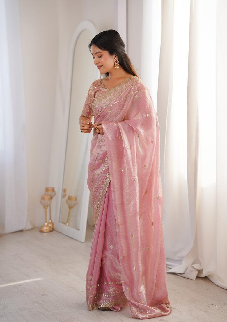 Pink Sequin Work Silk Saree Set - Indya