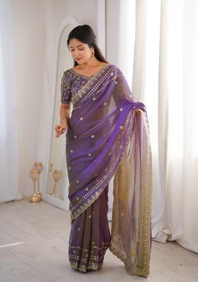 Purple Sequin Work Silk Saree Set