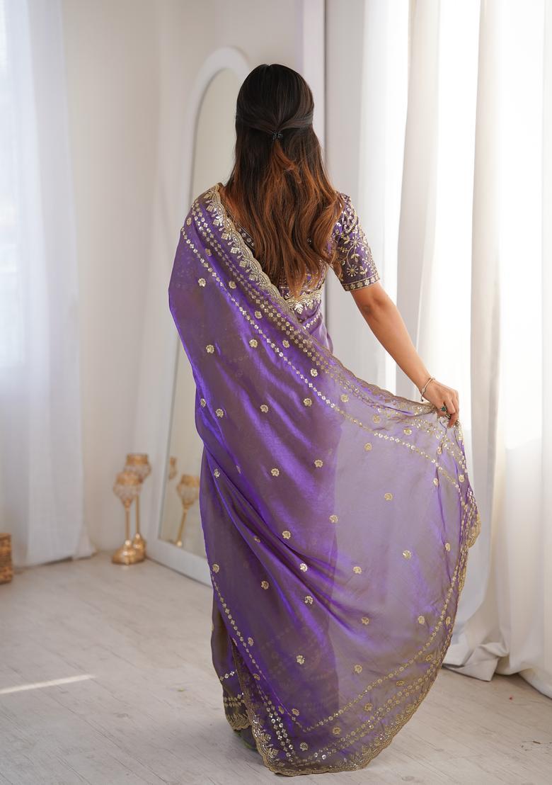 Purple Sequin Work Silk Saree Set - Indya