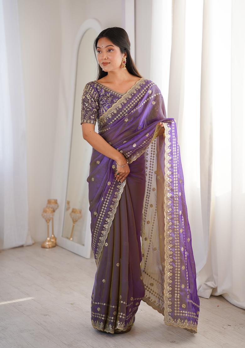 Purple Sequin Work Silk Saree Set - Indya