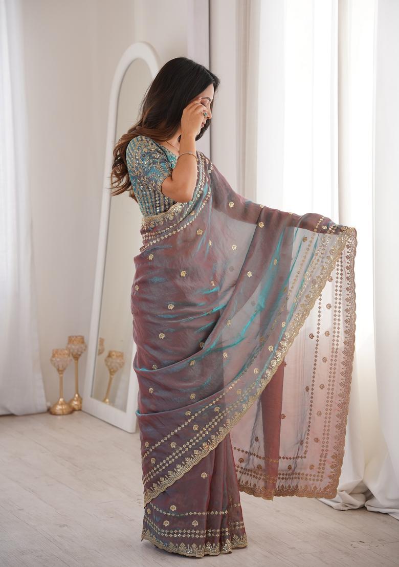 Mauve Sequin Work Silk Saree Set - Indya