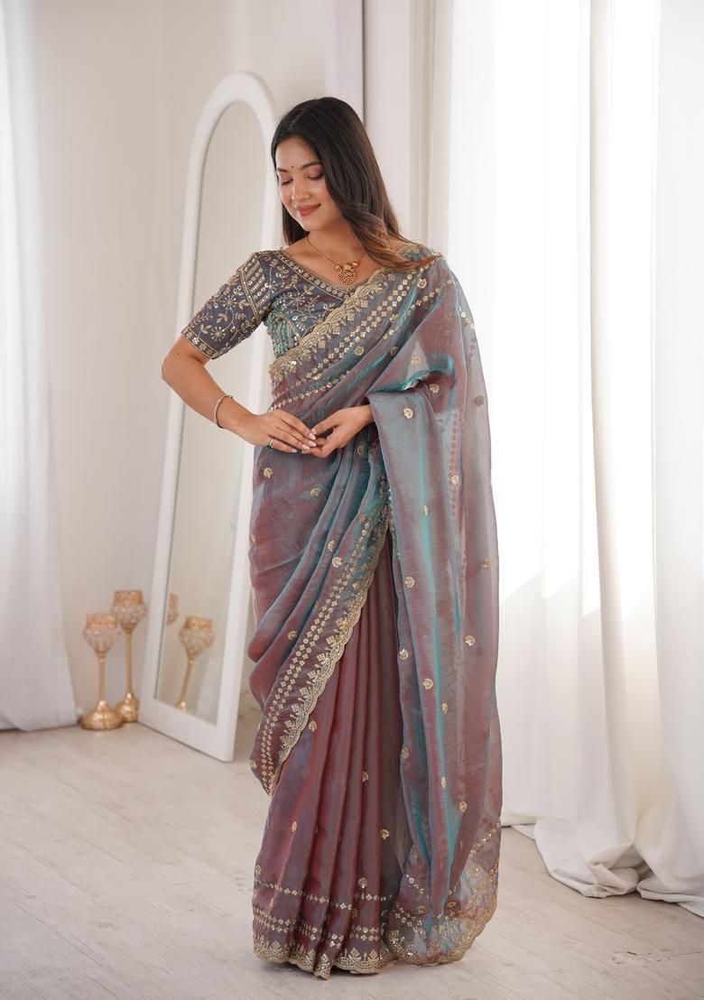 Mauve Sequin Work Silk Saree Set - Indya