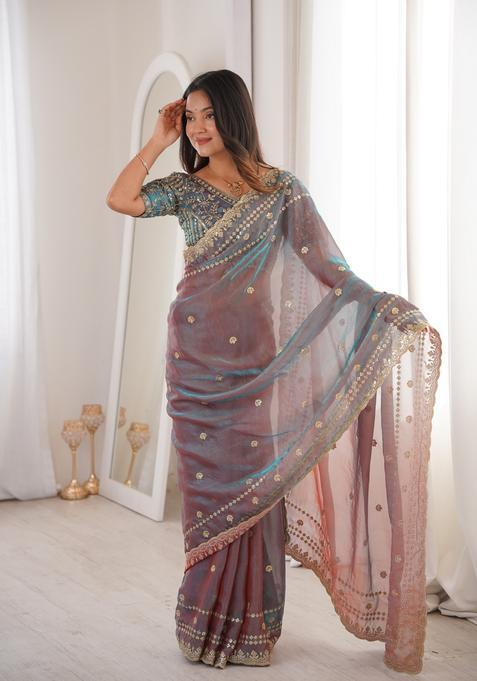 Mauve Sequin Work Silk Saree Set