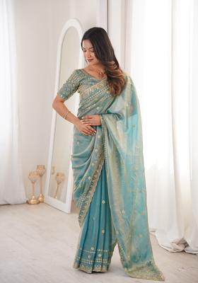 Sky Blue Sequin Work Silk Saree Set