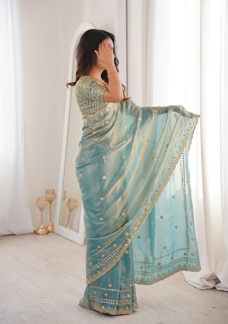 Sky Blue Sequin Work Silk Saree Set - Indya
