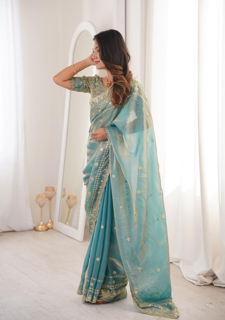 Sky Blue Sequin Work Silk Saree Set - Indya