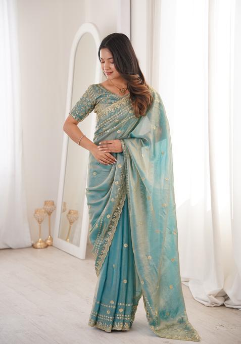 Sky Blue Sequin Work Silk Saree Set