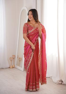 Red Sequin Work Silk Saree Set