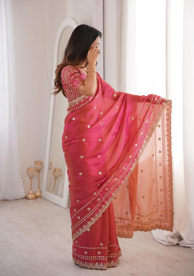 Red Sequin Work Silk Saree Set - Indya