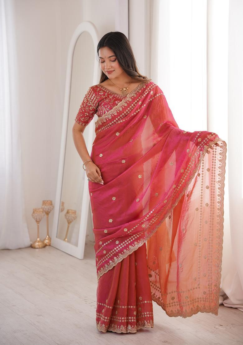 Red Sequin Work Silk Saree Set - Indya