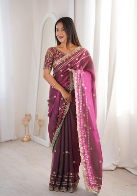 Wine Sequin Work Silk Saree Set