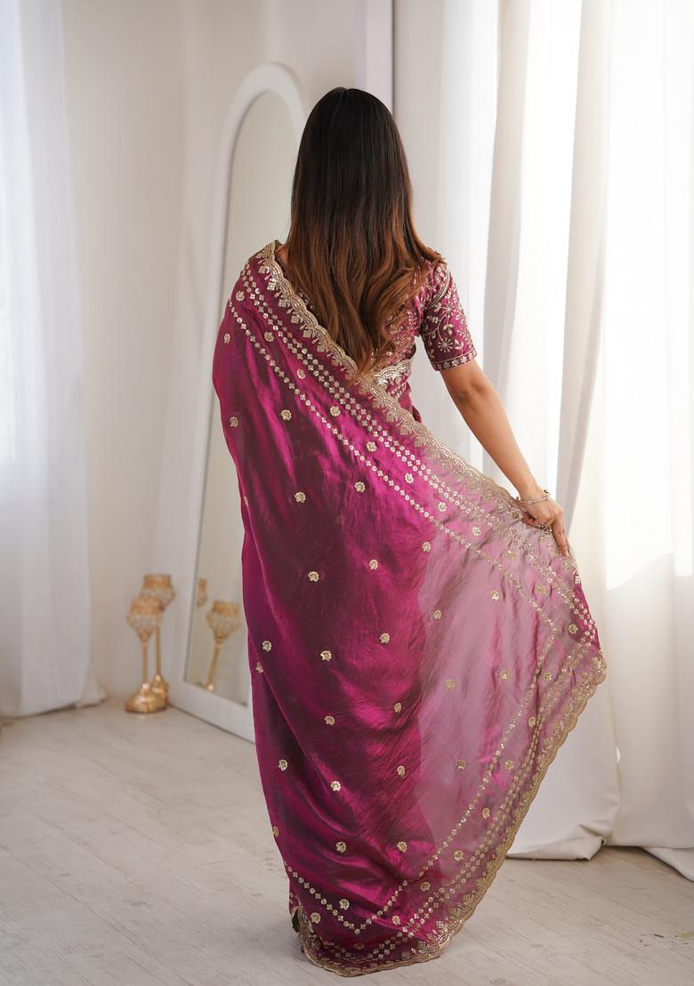 Wine Sequin Work Silk Saree Set - Indya