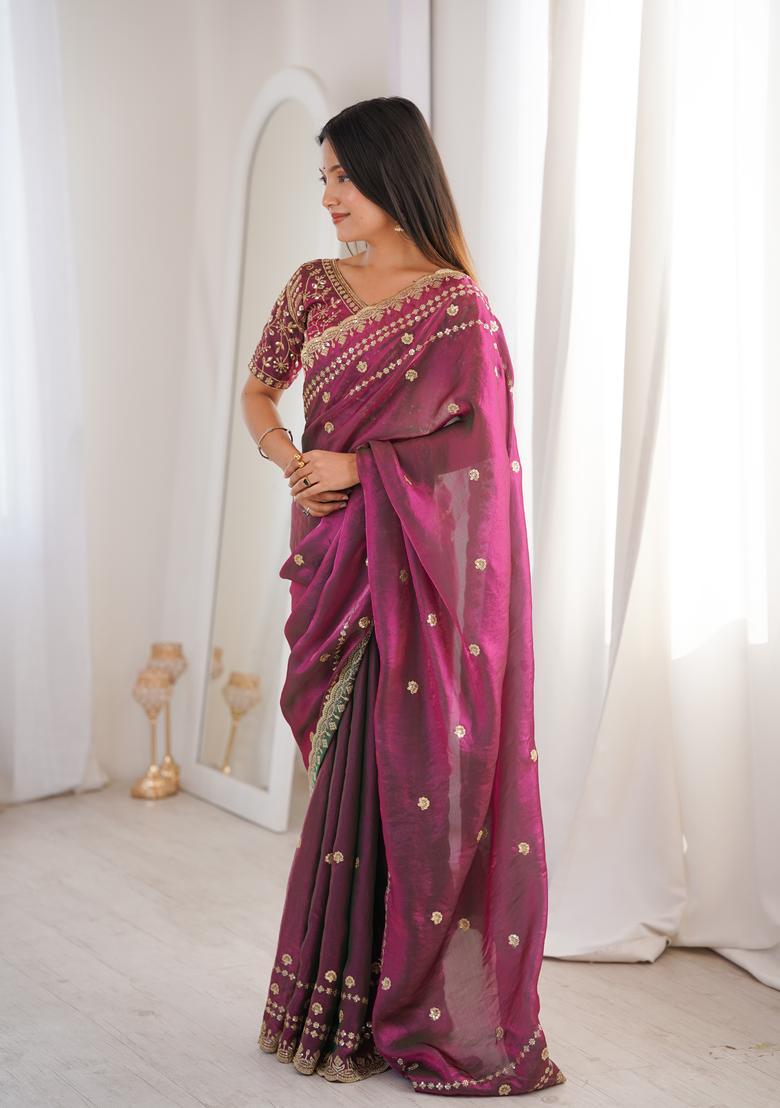 Wine Sequin Work Silk Saree Set - Indya