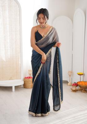 Grey Printed Silk Saree Set