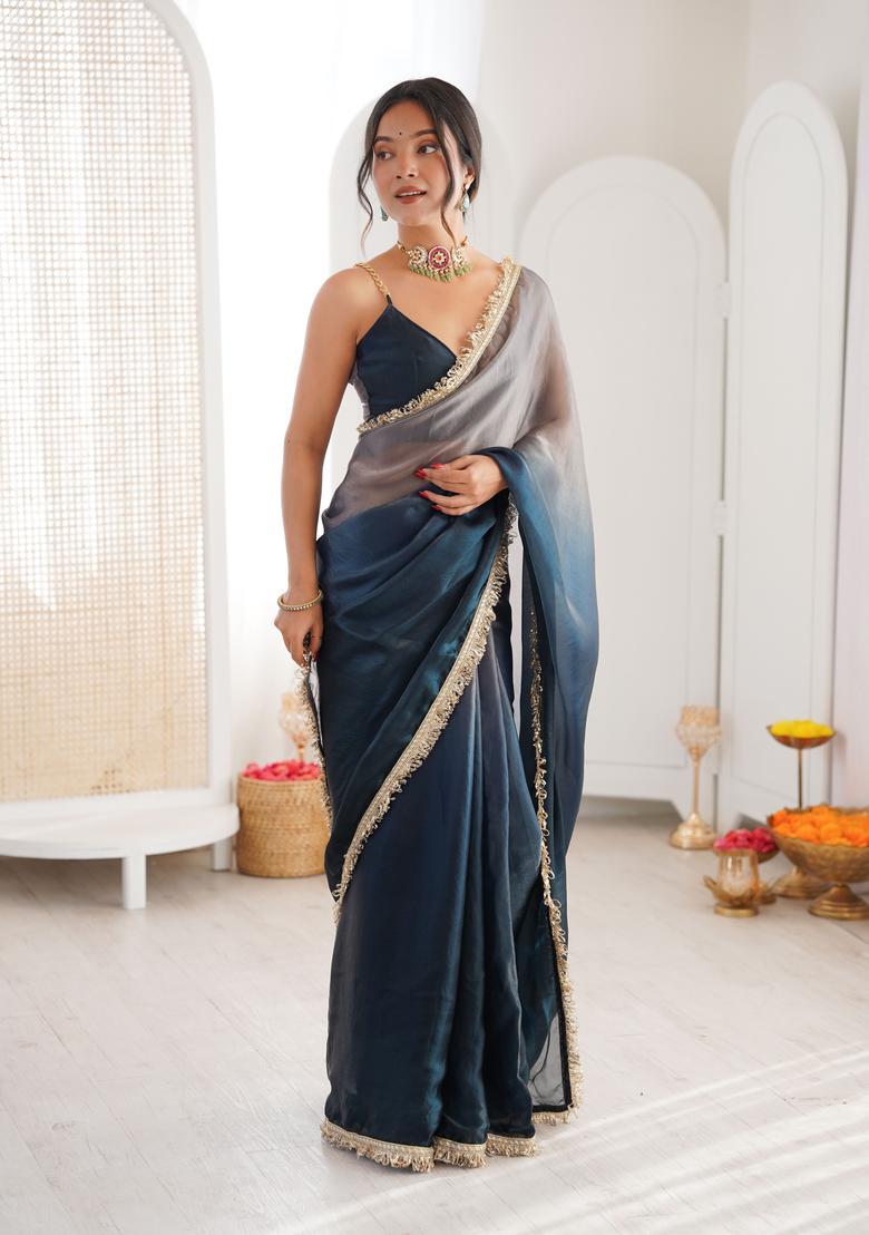 Grey Printed Silk Saree Set - Indya