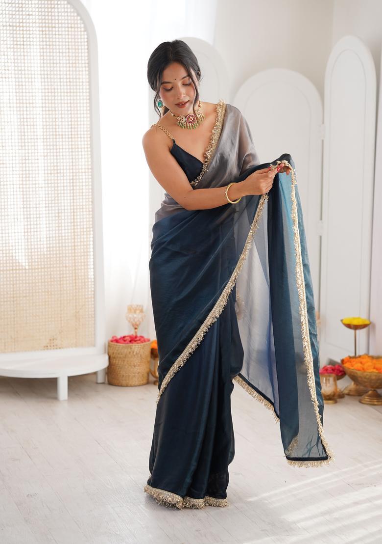 Grey Printed Silk Saree Set - Indya