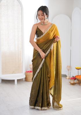 Green Printed Silk Saree Set