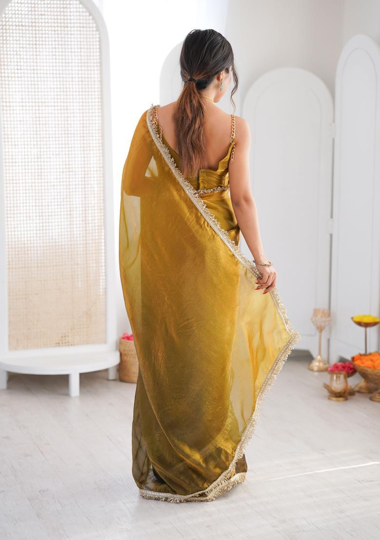 Green Printed Silk Saree Set - Indya