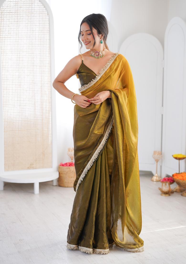 Green Printed Silk Saree Set - Indya