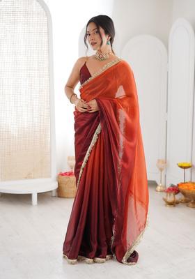 Orange Printed Silk Saree Set