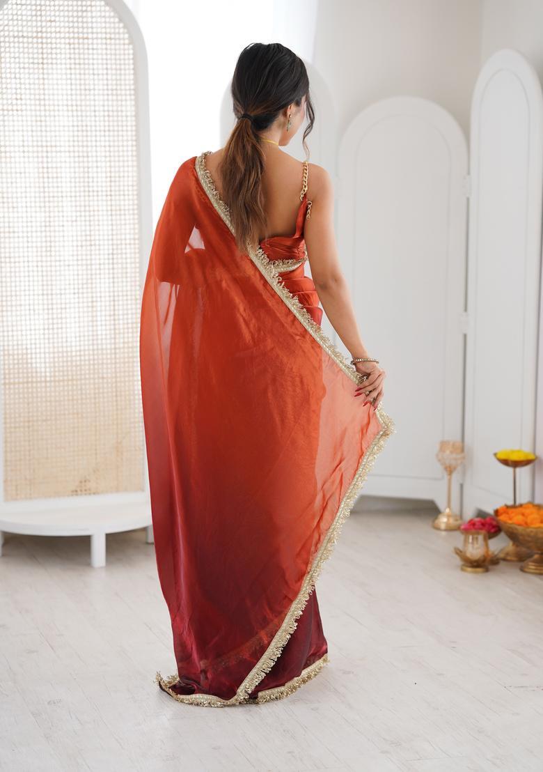 Orange Printed Silk Saree Set - Indya