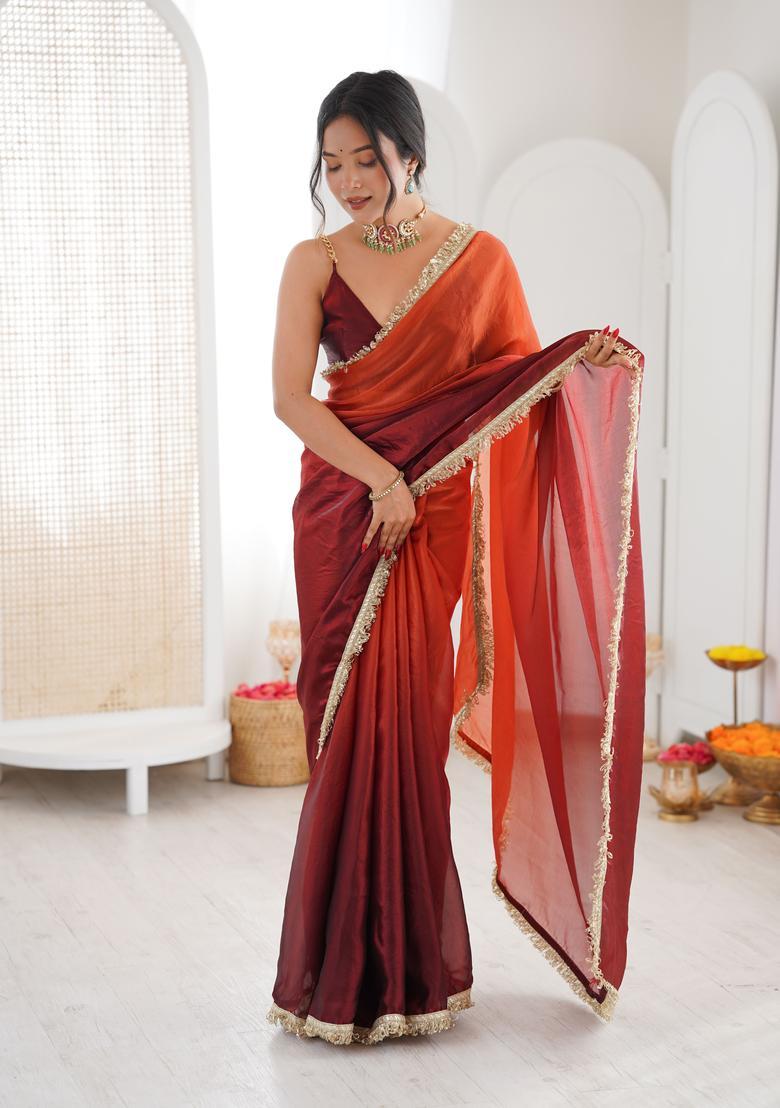 Orange Printed Silk Saree Set - Indya