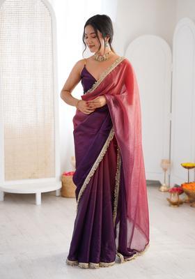 Purple Printed Silk Saree Set