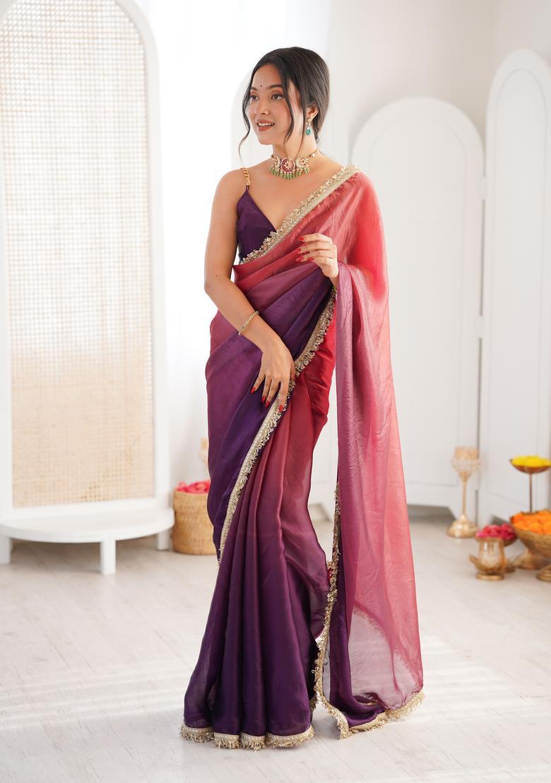 Purple Printed Silk Saree Set - Indya