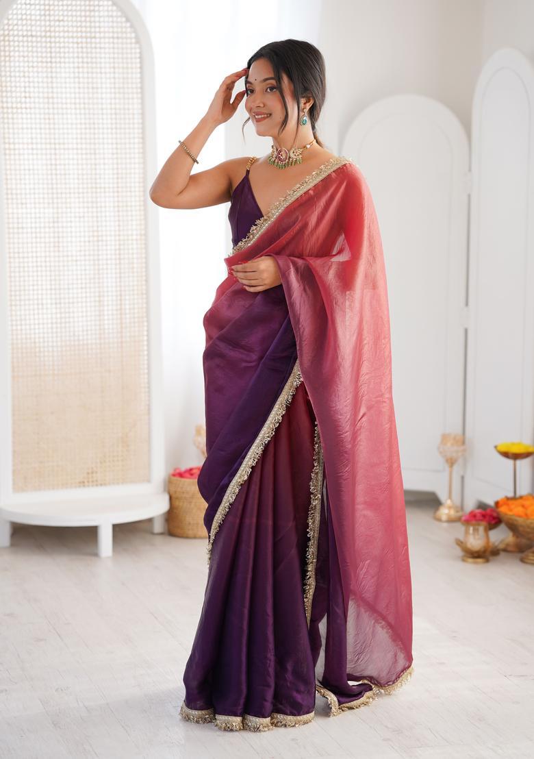Purple Printed Silk Saree Set - Indya