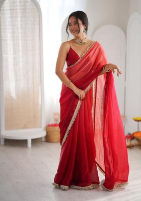 Red Printed Silk Saree Set