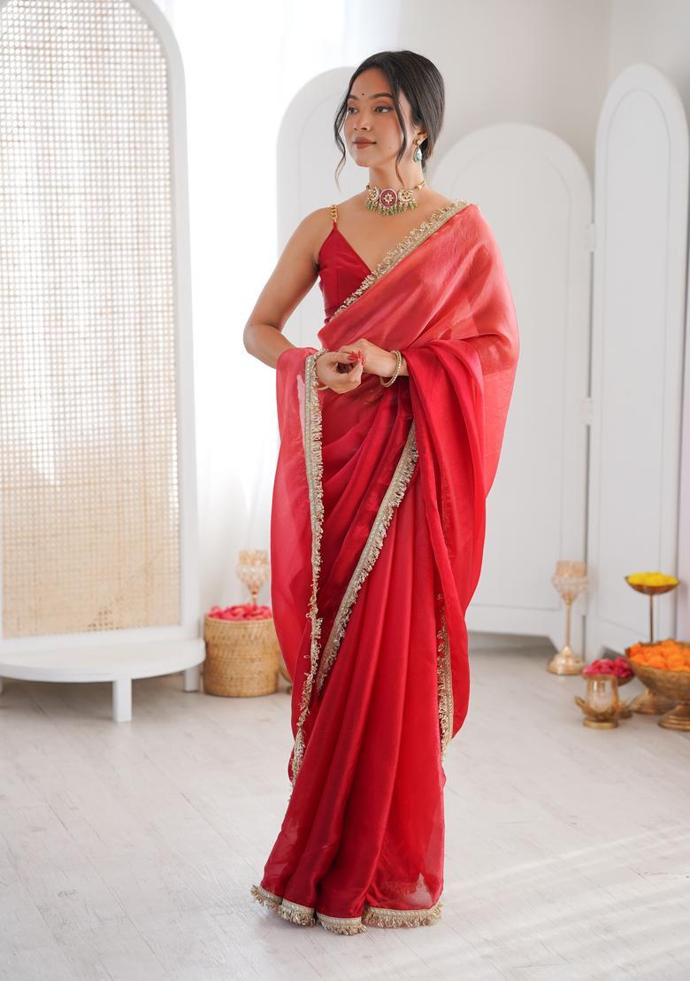 Red Printed Silk Saree Set - Indya