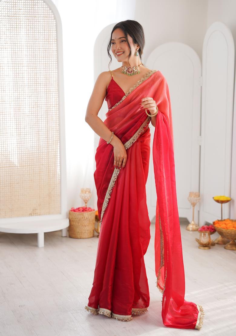 Red Printed Silk Saree Set - Indya