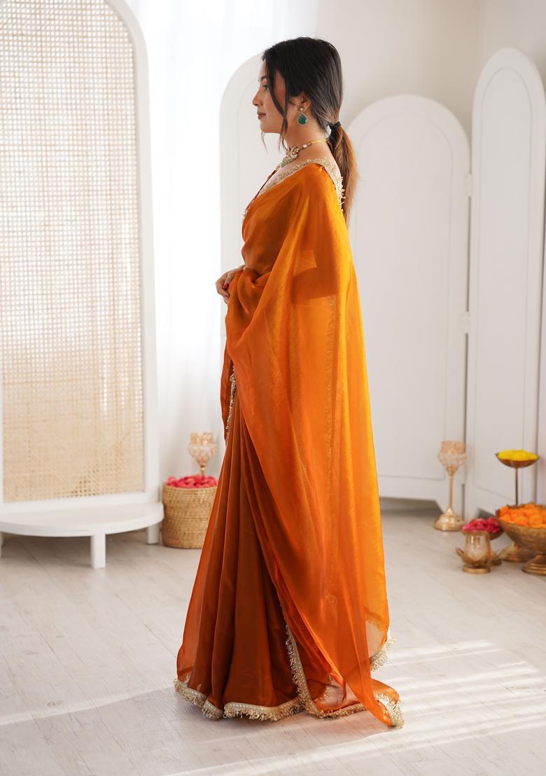 Mustard Printed Silk Saree Set - Indya