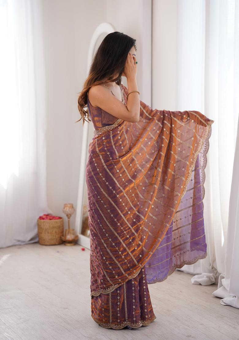 Lavender Sequin Work Silk Saree Set - Indya