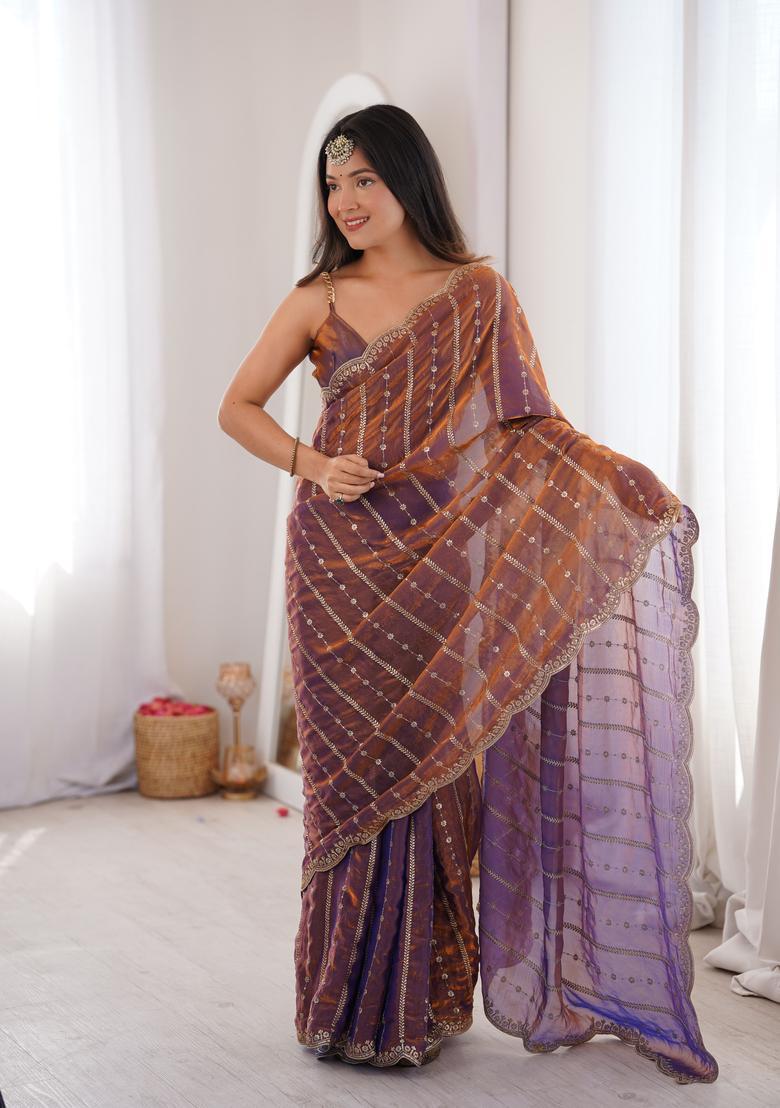 Lavender Sequin Work Silk Saree Set - Indya