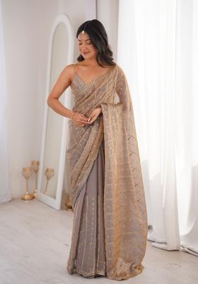 Brown Sequin Work Silk Saree Set