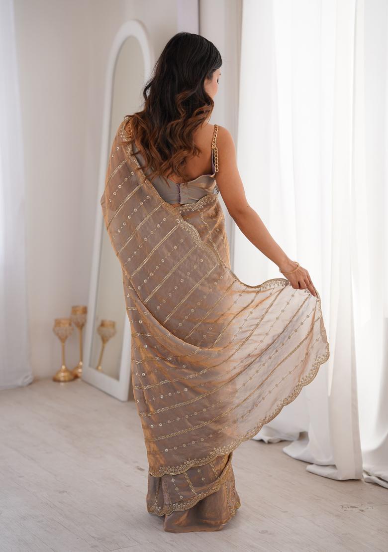 Brown Sequin Work Silk Saree Set - Indya