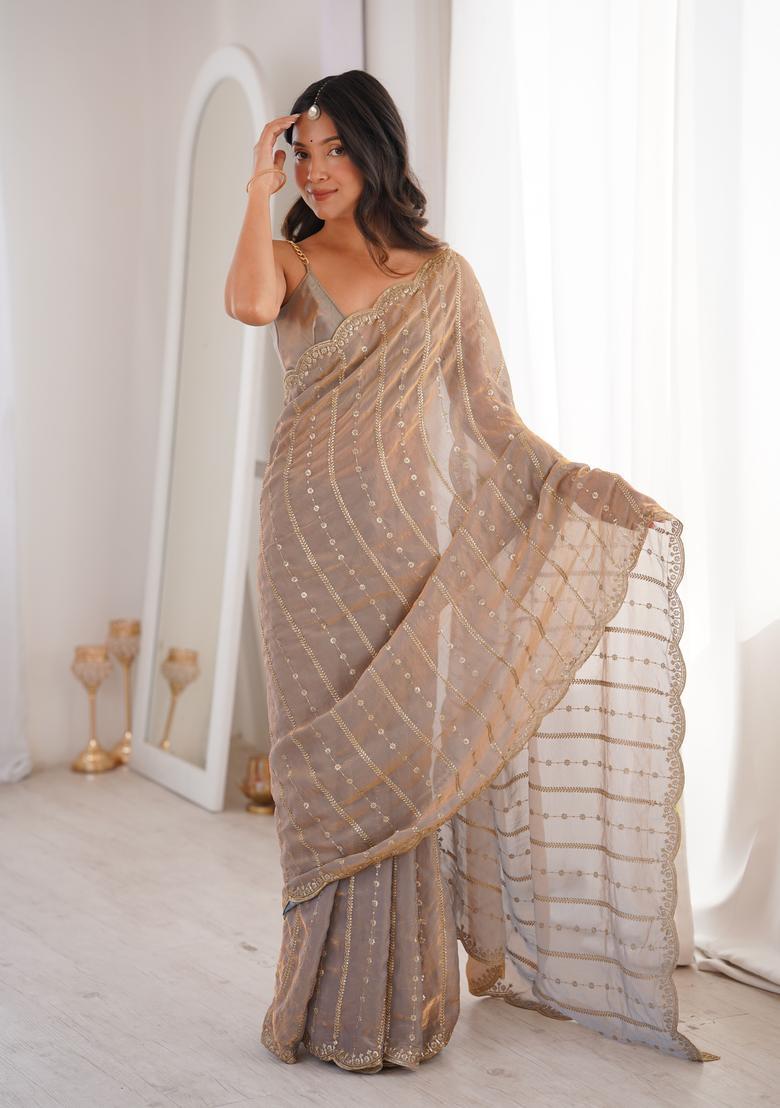 Brown Sequin Work Silk Saree Set - Indya