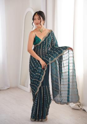 Teal Sequin Work Silk Saree Set