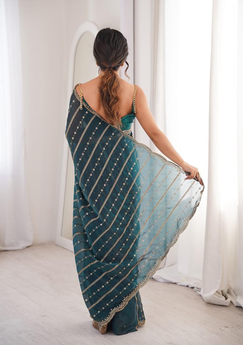 Teal Sequin Work Silk Saree Set - Indya