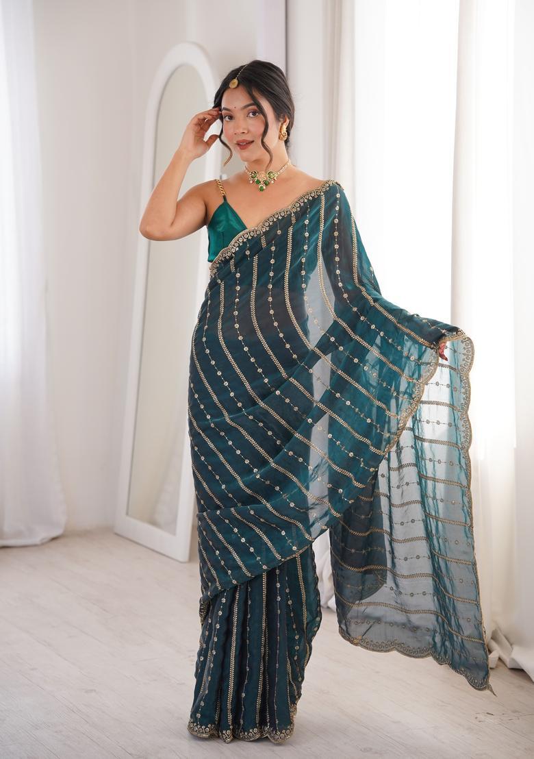 Teal Sequin Work Silk Saree Set - Indya