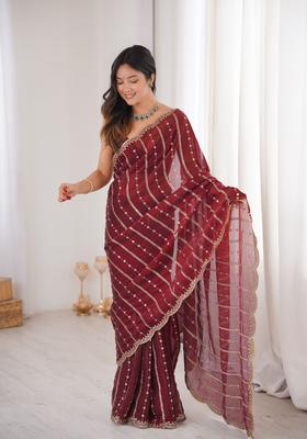 Maroon Sequin Work Silk Saree Set