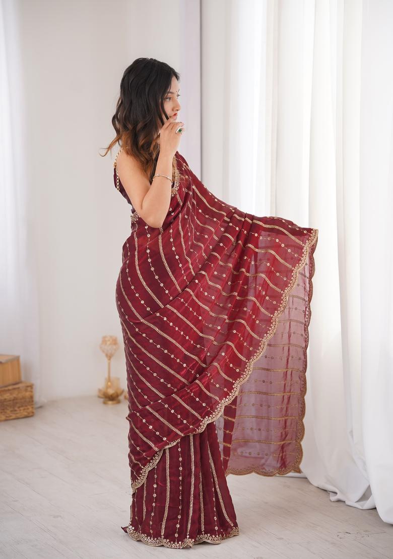 Maroon Sequin Work Silk Saree Set - Indya