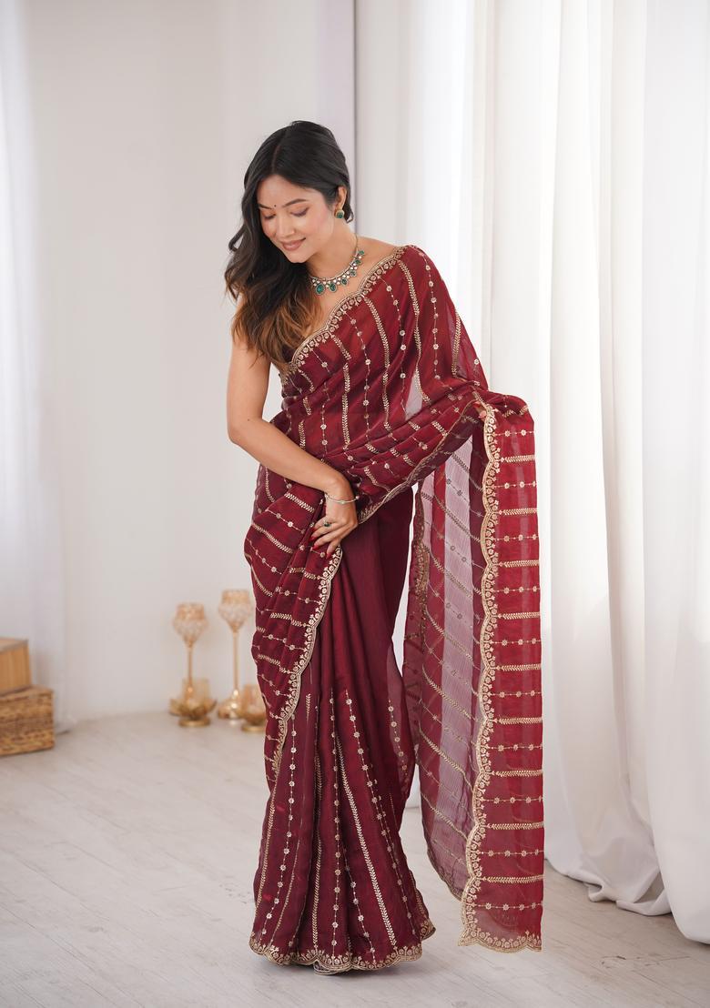 Maroon Sequin Work Silk Saree Set - Indya