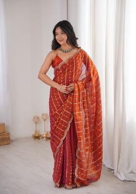 Orange Sequin Work Silk Saree Set