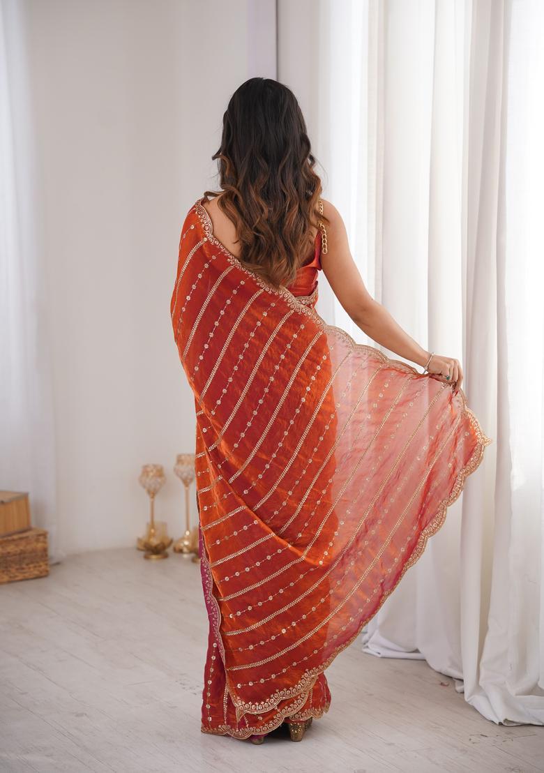 Orange Sequin Work Silk Saree Set - Indya
