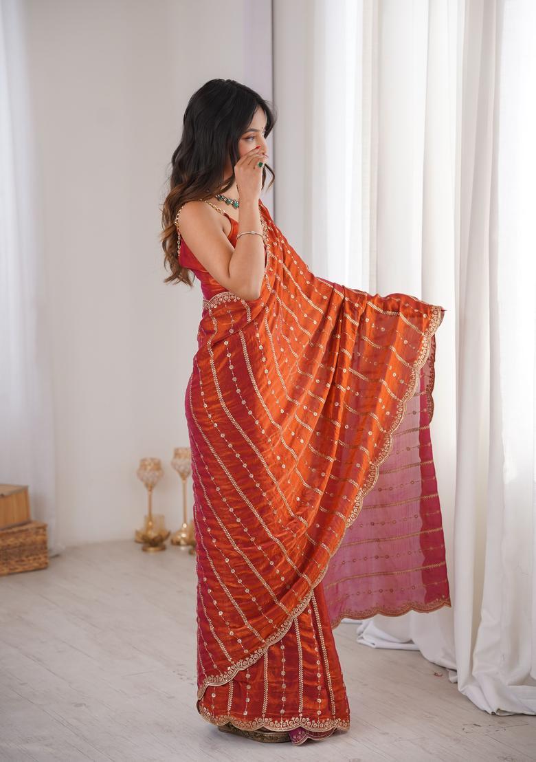 Orange Sequin Work Silk Saree Set - Indya