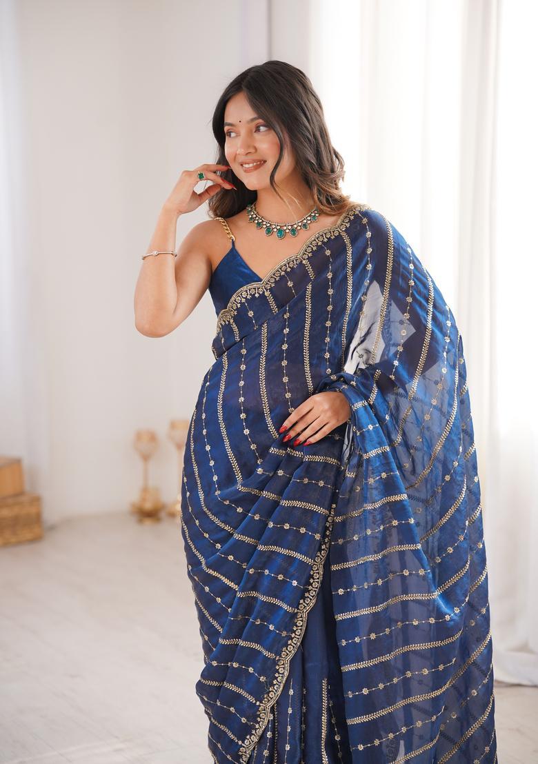 Teal Sequin Work Silk Saree Set - Indya