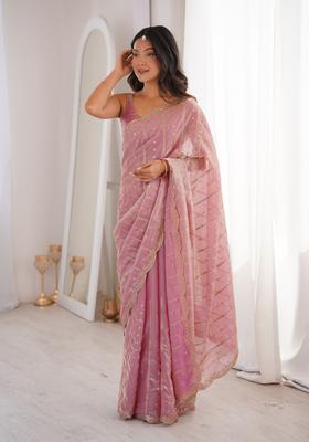 Pink Sequin Work Silk Saree Set