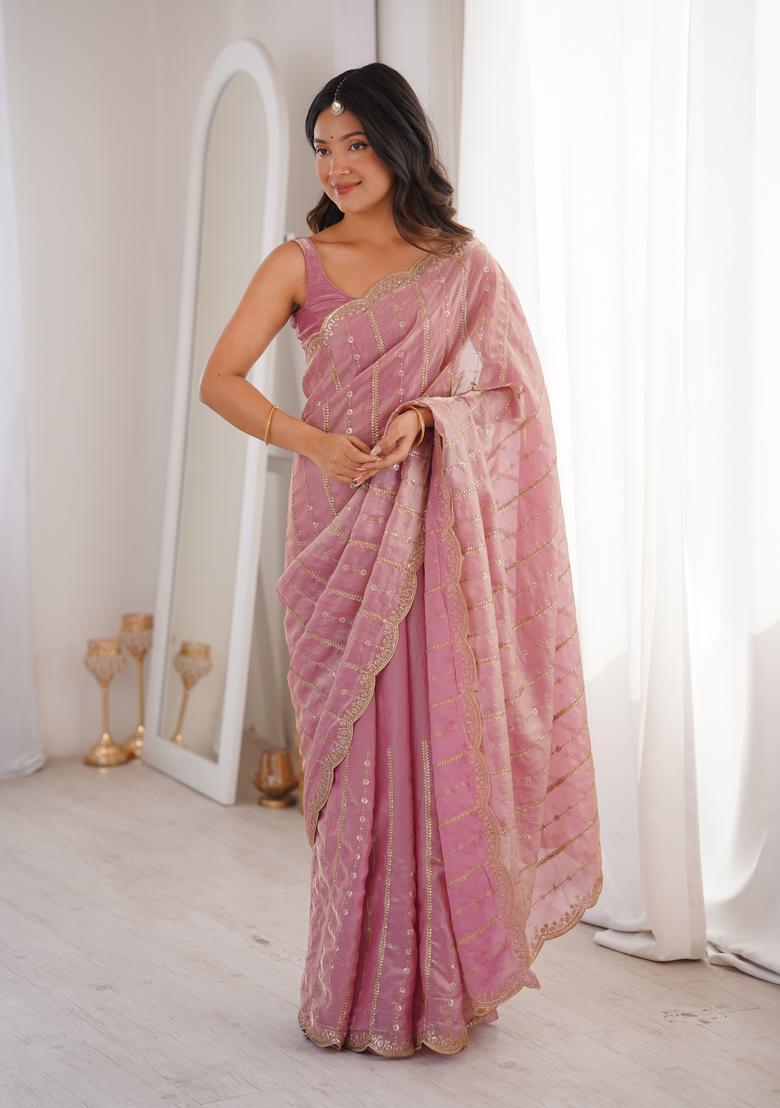 Pink Sequin Work Silk Saree Set - Indya